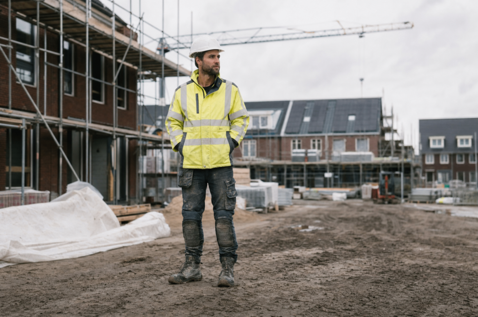 Bouwprofessional in veiligheidskleding op een bouwplaats