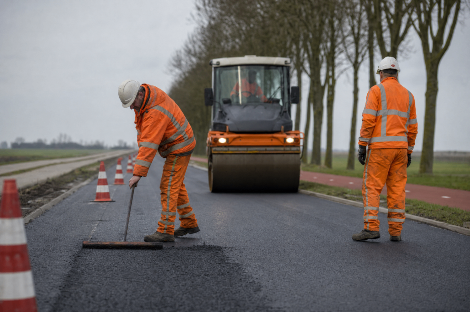 Wegenbouwers in reflecterende werkkleding bij asfalteringswerk